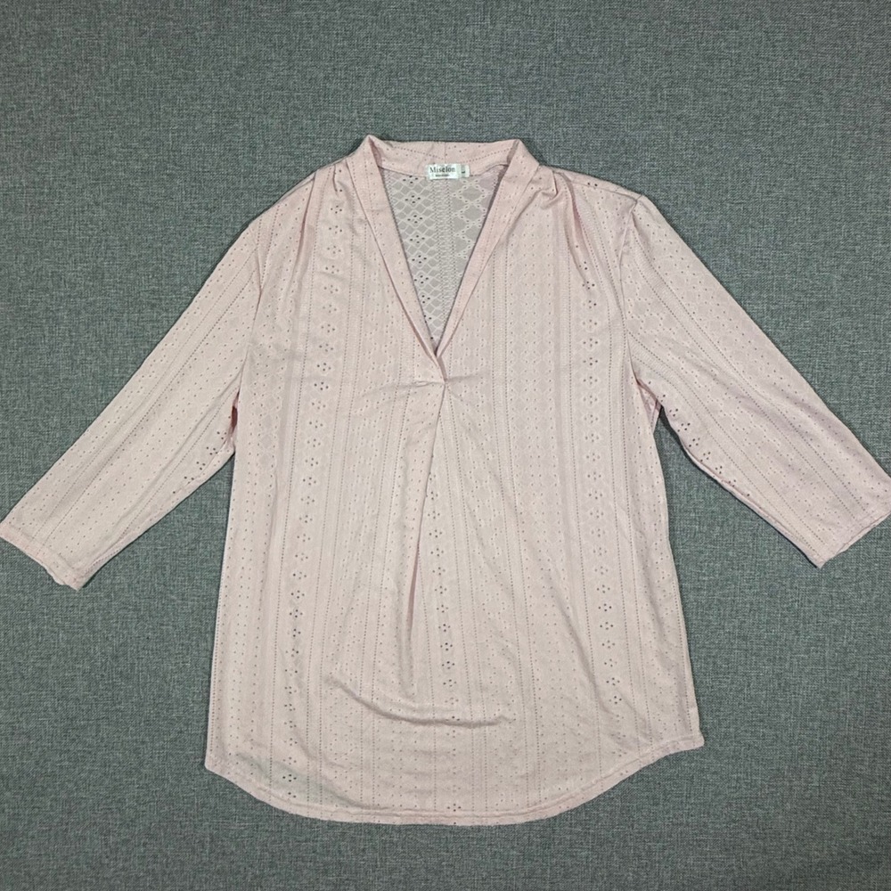 Miselon Eyelet V-Neck Blouse Womens Large Pink 3/4 Sleeve Soft Romantic Coquette